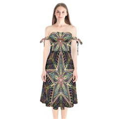 Star Mandala Pattern Design Doodle Shoulder Tie Bardot Midi Dress by Simbadda