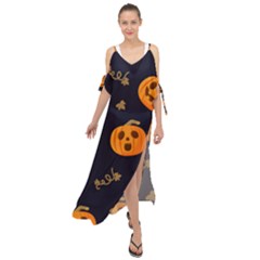 Funny Scary Black Orange Halloween Pumpkins Pattern Maxi Chiffon Cover Up Dress by HalloweenParty