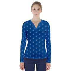 Quebec French Royal Fleur De Lys Elegant Pattern Blue Blue Quebec Fleur De Lys Pattern Blue V-neck Long Sleeve Top by Quebec