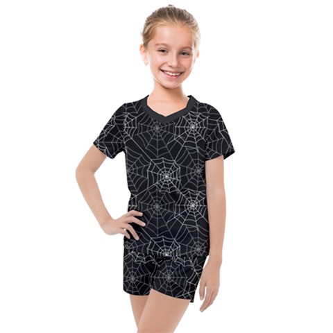 Pattern Spiderweb Halloween Gothic On Black Background Kids  Mesh Tee And Shorts Set by genx