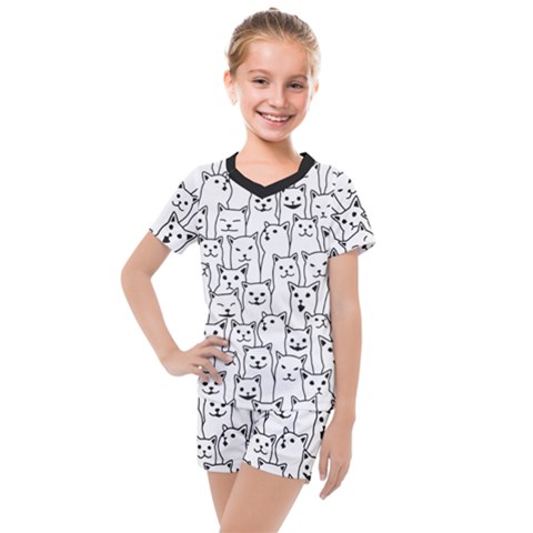 Funny Cat Pattern Organic Style Minimalist On White Background Kids  Mesh Tee And Shorts Set by genx