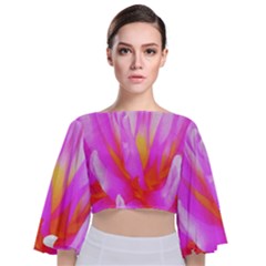 Fiery Hot Pink And Yellow Cactus Dahlia Flower Tie Back Butterfly Sleeve Chiffon Top by myrubiogarden