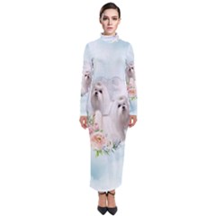 Cute Little Maltese With Flowers Turtleneck Maxi Dress by FantasyWorld7