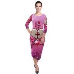 Wonderful Hearts With Floral Elements Quarter Sleeve Midi Velour Bodycon Dress by FantasyWorld7