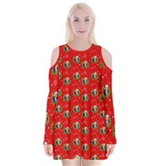 Trump Wrait Pattern Make Christmas Great Again Maga Funny Red Gift With Snowflakes And Trump Face Smiling Velvet Long Sleeve Shoulder Cutout Dress by snek