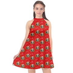 Trump Wrait Pattern Make Christmas Great Again Maga Funny Red Gift With Snowflakes And Trump Face Smiling Halter Neckline Chiffon Dress  by snek