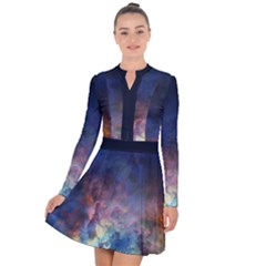 Lagoon Nebula Interstellar Cloud Pastel Pink, Turquoise And Yellow Stars Long Sleeve Panel Dress by genx