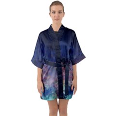 Lagoon Nebula Interstellar Cloud Pastel Pink, Turquoise And Yellow Stars Quarter Sleeve Kimono Robe by genx