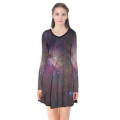 Orion Nebula Star Formation Orange Pink Brown Pastel Constellation Astronomy Long Sleeve V-neck Flare Dress by genx