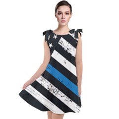 Usa Flag The Thin Blue Line I Back The Blue Usa Flag Grunge On Black Background Tie Up Tunic Dress by snek