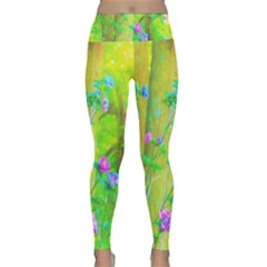 Hot Pink Abstract Rose Of Sharon On Bright Yellow Lightweight Velour Classic Yoga Leggings by myrubiogarden