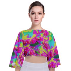 Psychedelic Succulent Sedum Turquoise And Yellow Tie Back Butterfly Sleeve Chiffon Top by myrubiogarden