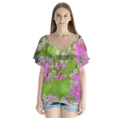 Hot Pink Succulent Sedum With Fleshy Green Leaves V-neck Flutter Sleeve Top by myrubiogarden