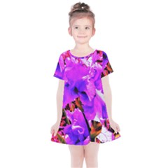 Abstract Ultra Violet Purple Iris On Red And Pink Kids  Simple Cotton Dress by myrubiogarden