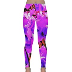 Abstract Ultra Violet Purple Iris On Red And Pink Lightweight Velour Classic Yoga Leggings by myrubiogarden