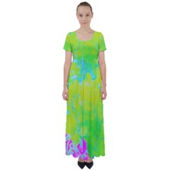 Fluorescent Yellow And Pink Abstract Garden Foliage High Waist Short Sleeve Maxi Dress by myrubiogarden