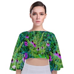 Purple Coneflower Garden With Tiger Eye Tree Tie Back Butterfly Sleeve Chiffon Top by myrubiogarden