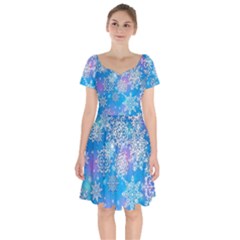 Snowflake Background Blue Purple Short Sleeve Bardot Dress by Wegoenart