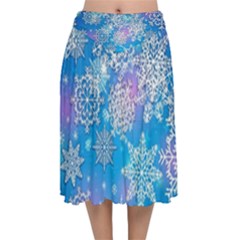 Snowflake Background Blue Purple Velvet Flared Midi Skirt by Wegoenart