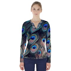 Peacock Feathers Bird Colorful V-neck Long Sleeve Top by Wegoenart