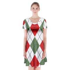 Red Green White Argyle Navy Short Sleeve V-neck Flare Dress by Wegoenart