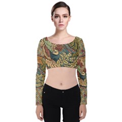 Wings Feathers Cubism Mosaic Velvet Long Sleeve Crop Top by Wegoenart