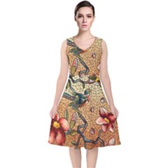 Flower Cubism Mosaic Vintage V-neck Midi Sleeveless Dress  by Wegoenart