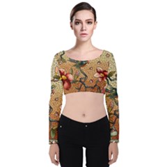 Flower Cubism Mosaic Vintage Velvet Long Sleeve Crop Top by Wegoenart