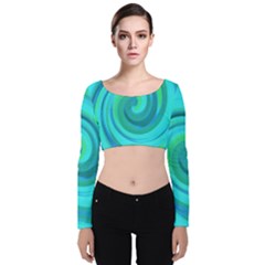 Groovy Cool Abstract Aqua Liquid Art Swirl Painting Velvet Long Sleeve Crop Top by myrubiogarden