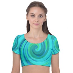 Groovy Cool Abstract Aqua Liquid Art Swirl Painting Velvet Short Sleeve Crop Top  by myrubiogarden