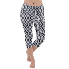 Black And White Intricate Modern Geometric Pattern Lightweight Velour Capri Yoga Leggings by dflcprintsclothing