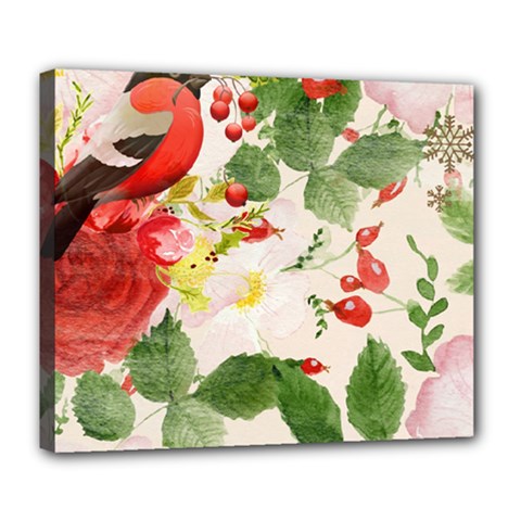 Christmas Bird Floral Berry Deluxe Canvas 24  X 20  (stretched) by Pakrebo