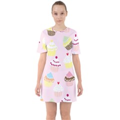 Cupcakes Wallpaper Paper Background Sixties Short Sleeve Mini Dress by Pakrebo