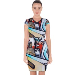 Blue Face King Graffiti Street Art Urban Blue And Orange Face Abstract Hiphop Capsleeve Drawstring Dress  by genx