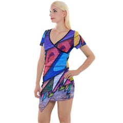 Urban Colorful Graffiti Brick Wall Industrial Scale Abstract Pattern Short Sleeve Asymmetric Mini Dress by genx