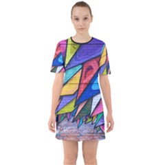 Urban Colorful Graffiti Brick Wall Industrial Scale Abstract Pattern Sixties Short Sleeve Mini Dress by genx