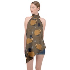 Groundhog Day Pattern Halter Asymmetric Satin Top by Valentinaart