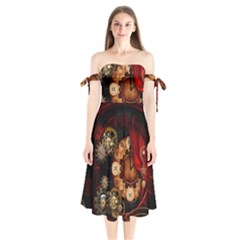 Steampunk, Wonderful Clockswork Shoulder Tie Bardot Midi Dress by FantasyWorld7