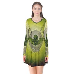 Awesome Creepy Skull With Wings Long Sleeve V-neck Flare Dress by FantasyWorld7