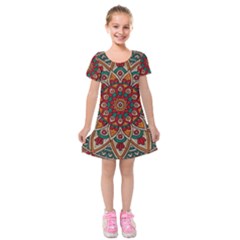 Mandala - Red & Teal  Kids  Short Sleeve Velvet Dress by WensdaiAmbrose