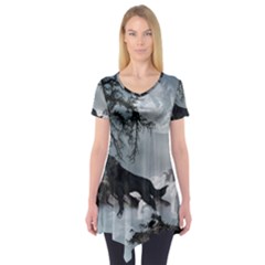 Awesome Black And White Wolf In The Dark Night Short Sleeve Tunic  by FantasyWorld7