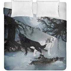 Awesome Black And White Wolf In The Dark Night Duvet Cover Double Side (king Size) by FantasyWorld7