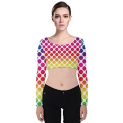 Rainbow Polka Dots Velvet Long Sleeve Crop Top by retrotoomoderndesigns