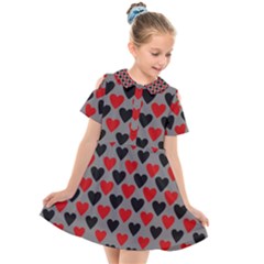 Red & Black Hearts - Grey Kids  Short Sleeve Shirt Dress by WensdaiAmbrose