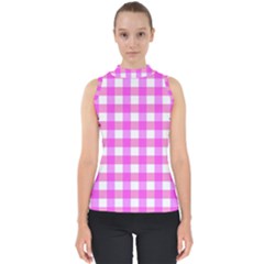 Gingham Duo Fuschia On Pink Mock Neck Shell Top by retrotoomoderndesigns