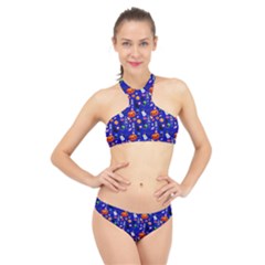 Halloween Treats Pattern Blue High Neck Bikini Set by snowwhitegirl