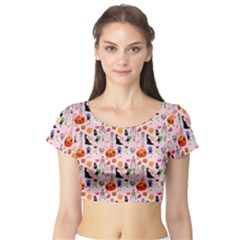 Halloween Treats Pattern Pink Short Sleeve Crop Top by snowwhitegirl