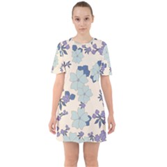 Vintage Floral Blue Pattern Sixties Short Sleeve Mini Dress by snowwhitegirl