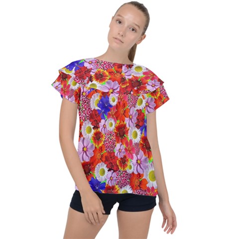 Multicolored Daisies Ruffle Collar Chiffon Blouse by retrotoomoderndesigns