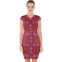 Red With Purple Flowers Capsleeve Drawstring Dress  by snowwhitegirl